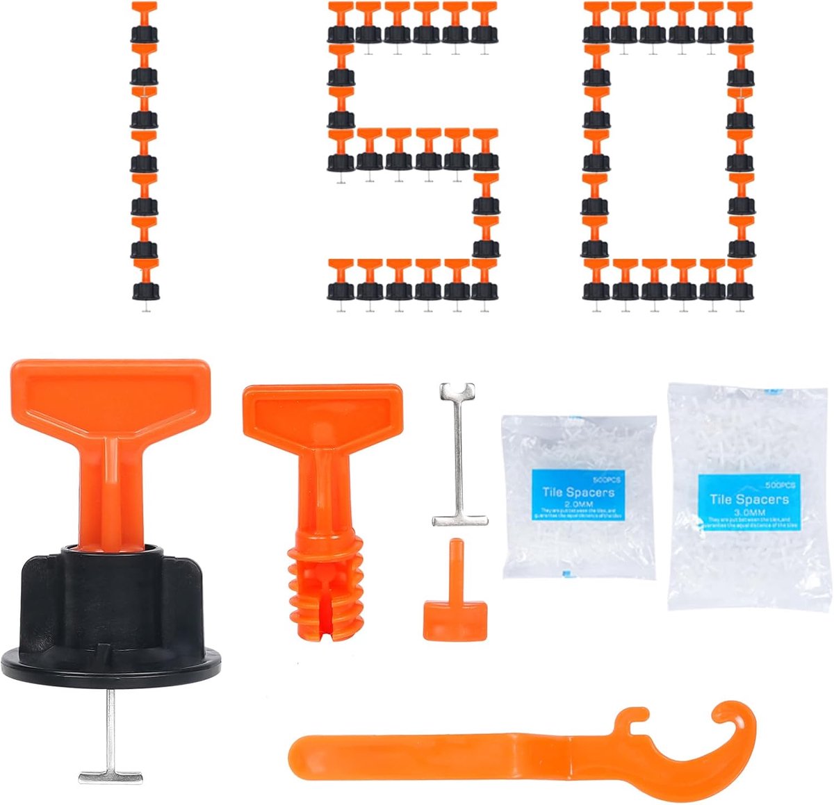 Tegel-nivelleersysteem – 150 nivelleerschijven, 500 schijven van 2 mm en 500 van 3 mm, herbruikbaar met 6 speciale sleutels en 20 stalen pinnen voor wand- en vloertegels (rood)