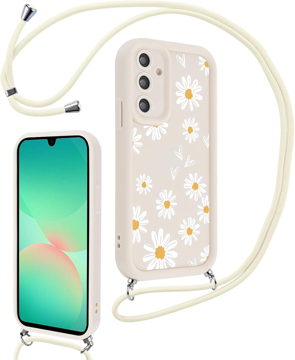 Beschermhoesje met koord voor Samsung Galaxy A36 5G 6,64 inch, esthetisch bloemenpatroon, meisjes, beschermhoes met koord, schouderriem, dunne siliconen TPU bumper stootvast
