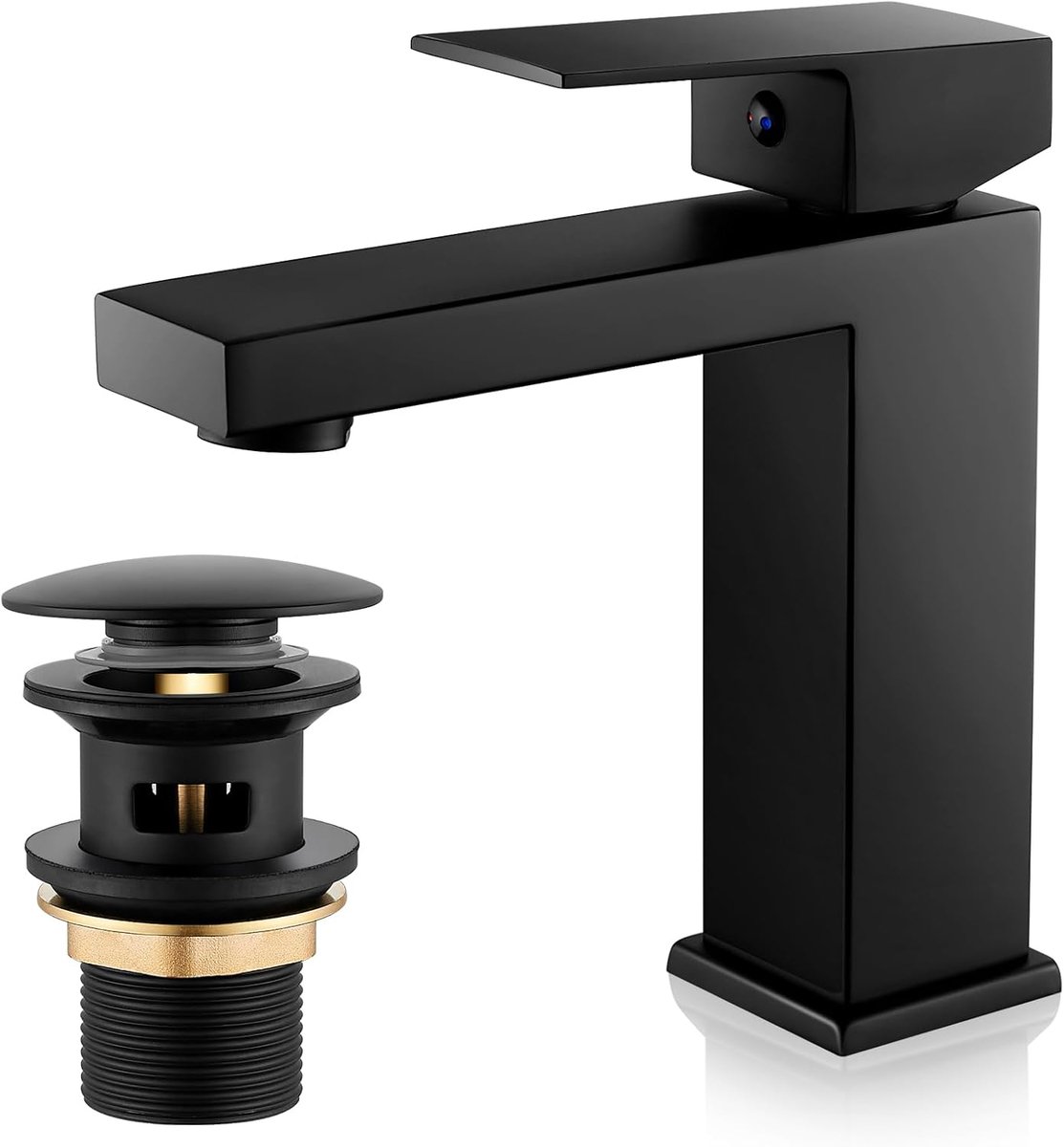Kraan badkamer zwart wastafelarmatuur met pop-up afvoergarnituur, kranen vierkant met hoogte 164mm, badkamer kraan mengkraan wastafelarmatuur eengreepsmengkraan, G3/8