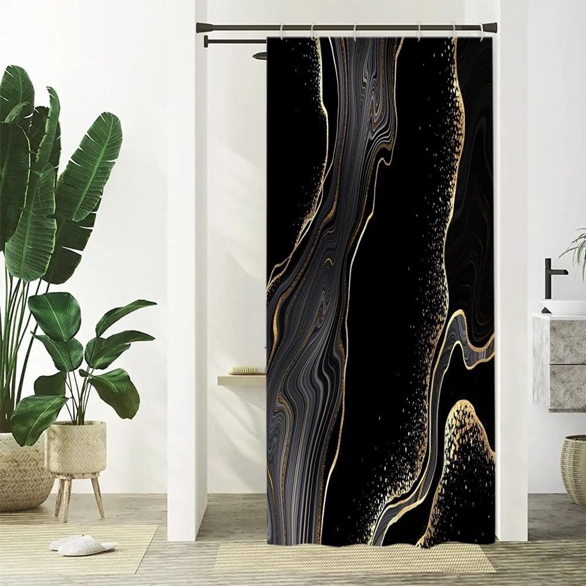 Douchegordijn zwart goud, dunne douchegordijn 90x180cm anti-schimmel marmerlook abstract grijs gemarmerd modern douchegordijn wasbaar waterdicht polyester badgordijn met 6 haken