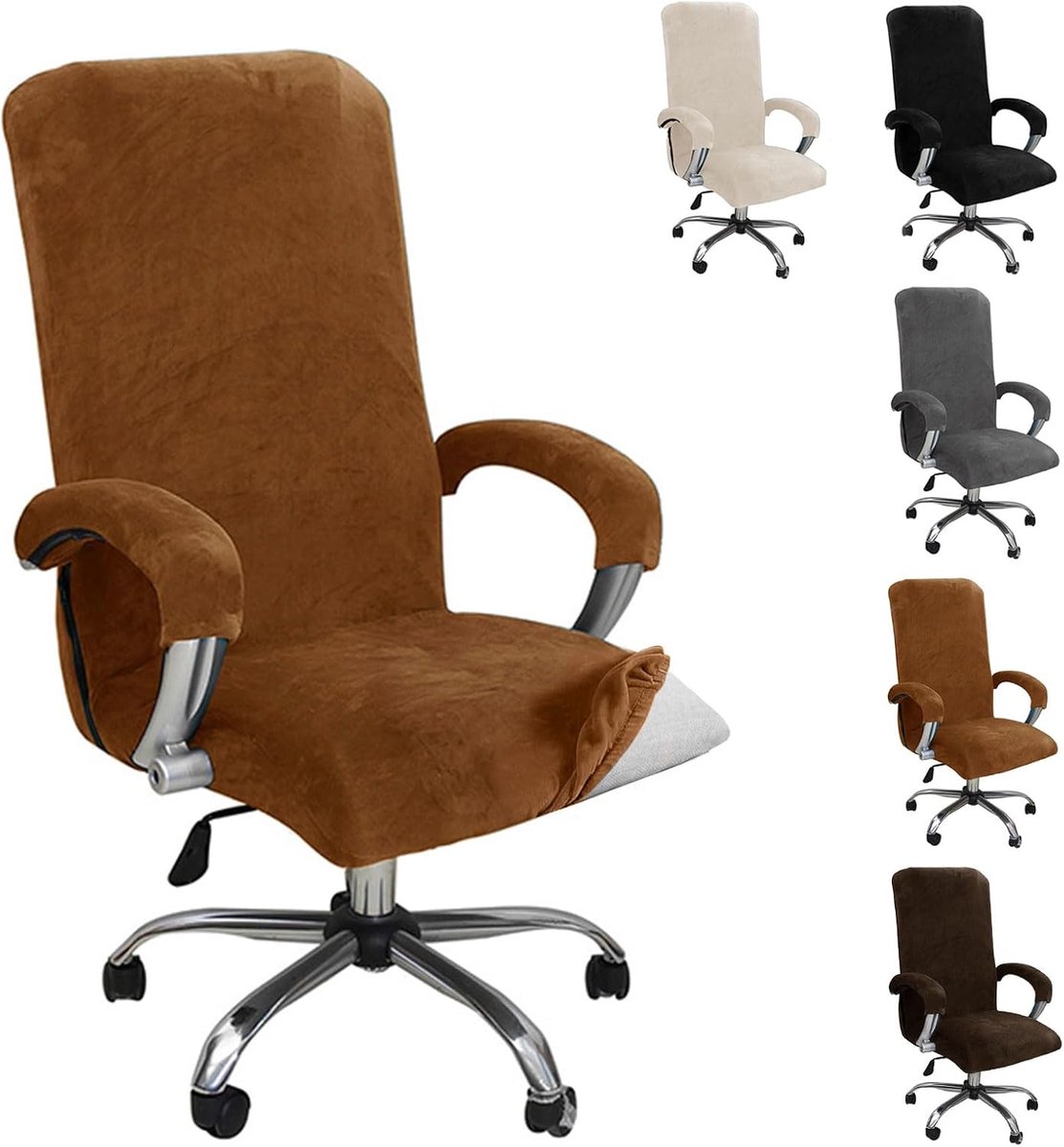 Bureaustoelhoes, elastische fluwelen overtrek, fluwelen pluche, bureauhoes met armleuning voor gamingstoel, draaistoel en bureaustoel, stretch, afneembaar, machinewasbaar, L, lichtbruin