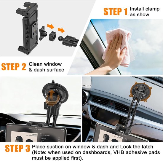 Auto met 12.21" Zwanenhals, 360° Draaibare iPad Autosteun, Dashboard Voorruit Tablethouder voor iPad Air/Pro/Mini, 4,7-13,5" Tablets — afbeelding 5