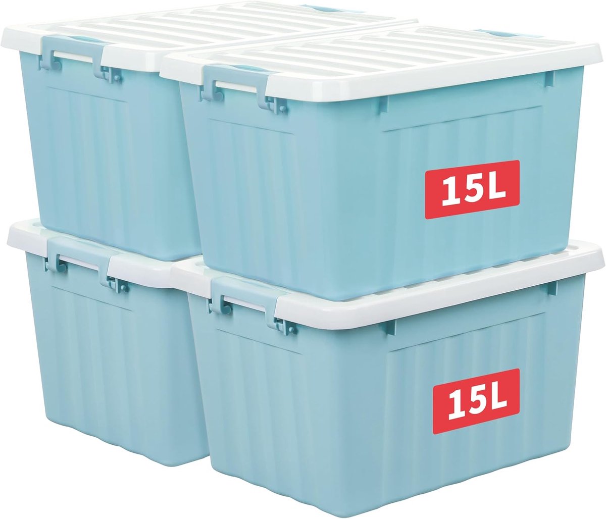 15L x 4 opbergdozen met deksels, plastic opbergbakken met vergrendelende gespen, kliksluiting, stapelbaar, nesten, organizer voor thuiskantoorkleding, blauw, 15L-4 Pack