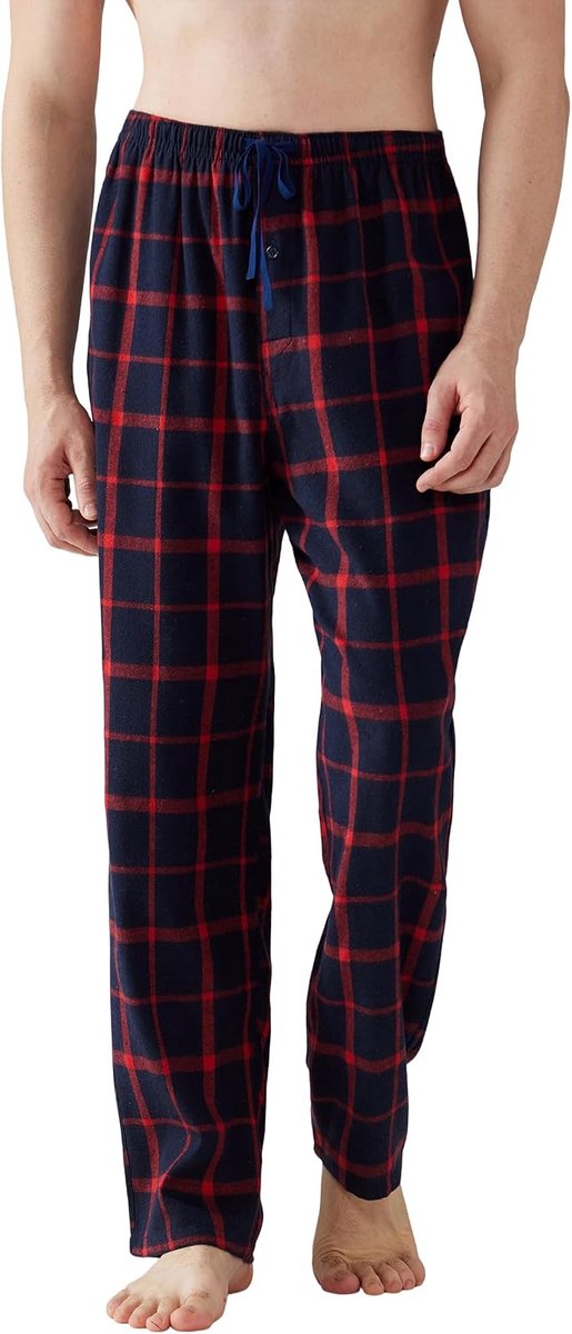 Pyjama voor heren, flanel, katoen, geruite slaap- en loungebroek, pyjamabroek met zakken en knoopgulp