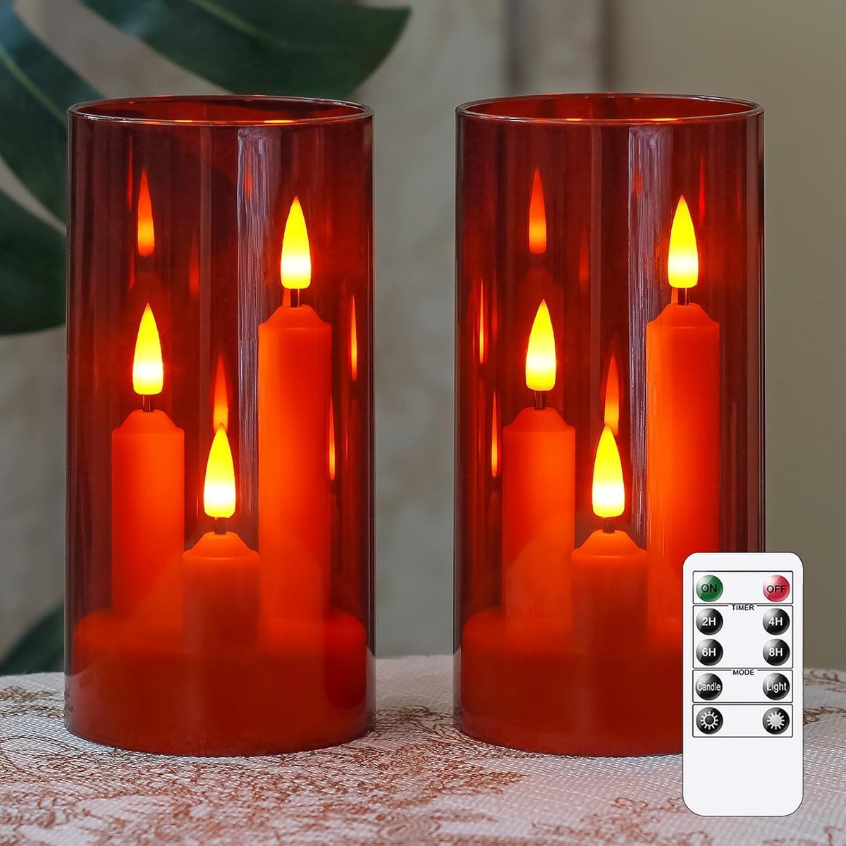 3-in-1 Vlamloze LED-stabkaarsen met 10-toetsen Afstandsbediening en Timerfunctie Batterijbediend Set van 2 LED-acryl 7,5cm x 15cm Rood Pilaar Flikkering warme licht