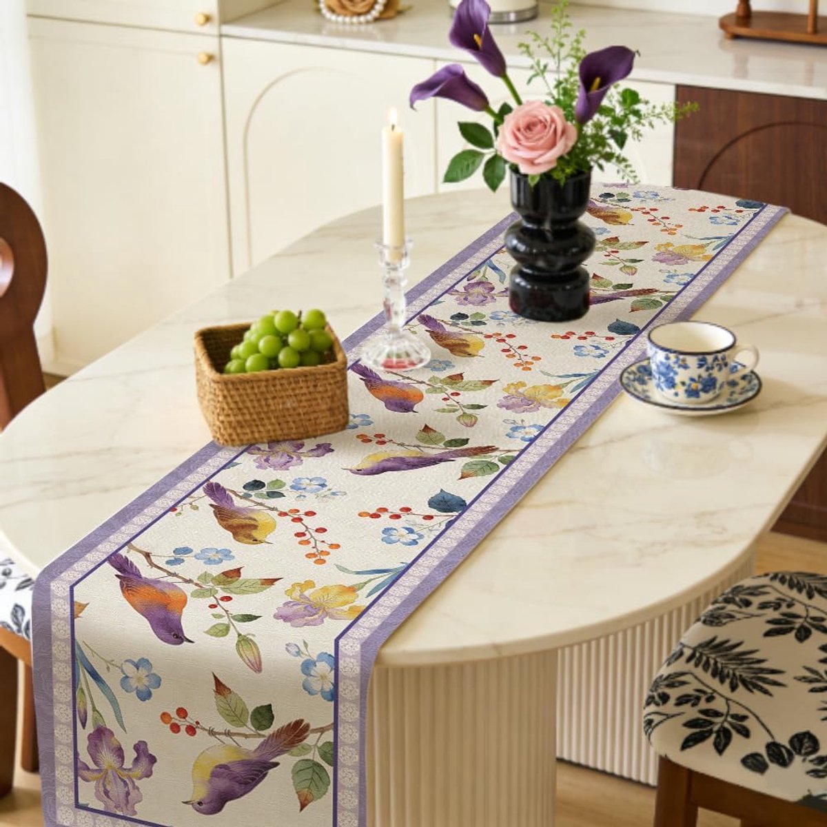 Vogels en iris bloemen eettafel sjaal vogel polyester tafellinnen overlay bruiloft receptie decoraties voor lente Pasen Moederdag Home Party Decor 72 "x 13"