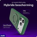 Groen telefoonhoesje met de tekst 'Hybride bescherming', met de nadruk op TPU en hard plastic.