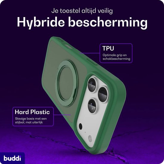 Groen telefoonhoesje met de tekst 'Hybride bescherming', met de nadruk op TPU en hard plastic.