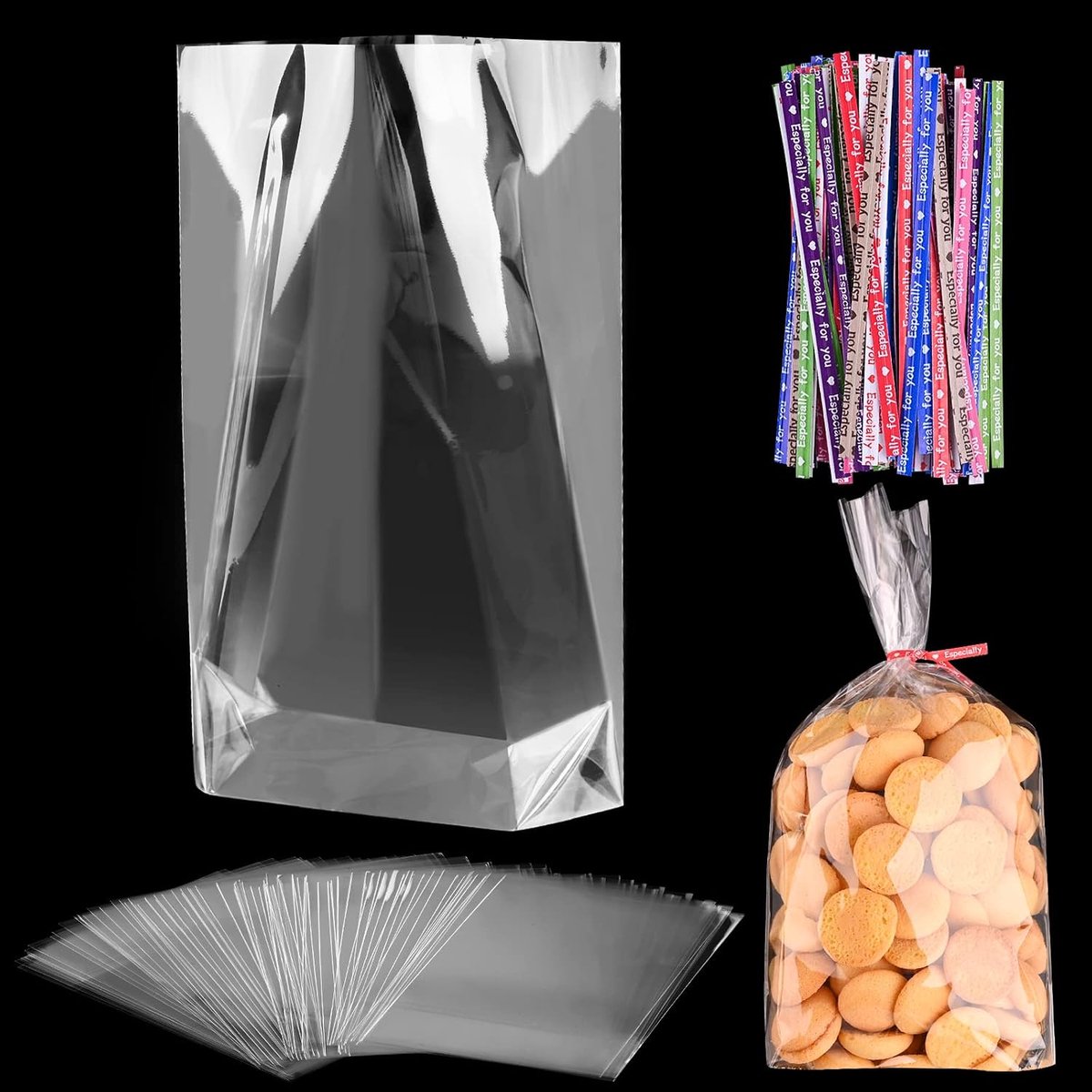 50 cellofaansnoepzakjes 15 x 25 cm met 50 kleurrijke twistbanden, hersluitbare platte OPP zakken, geschenkzakjes voor traktatie