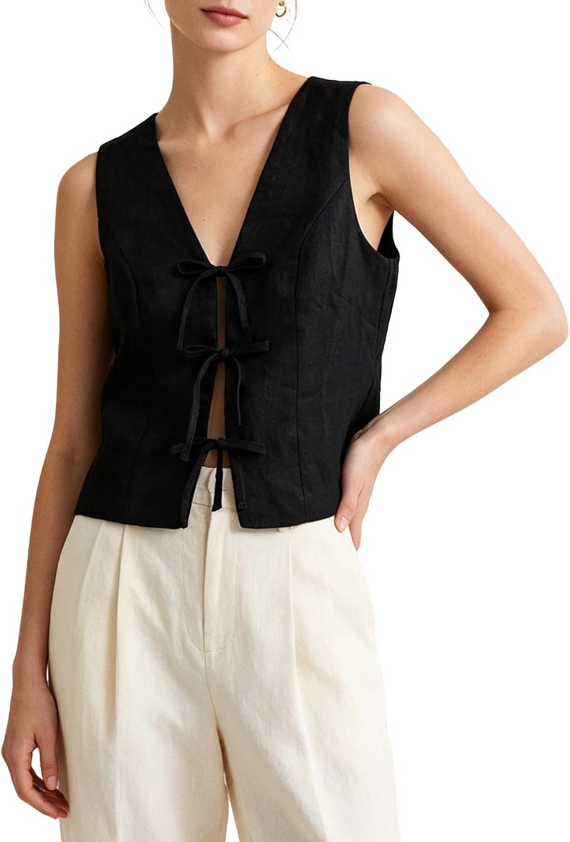 Kostuumvest voor dames, linnen vest, mouwloos, kort, linnen vest, V-hals, vest, elegant, met veters aan de voorkant