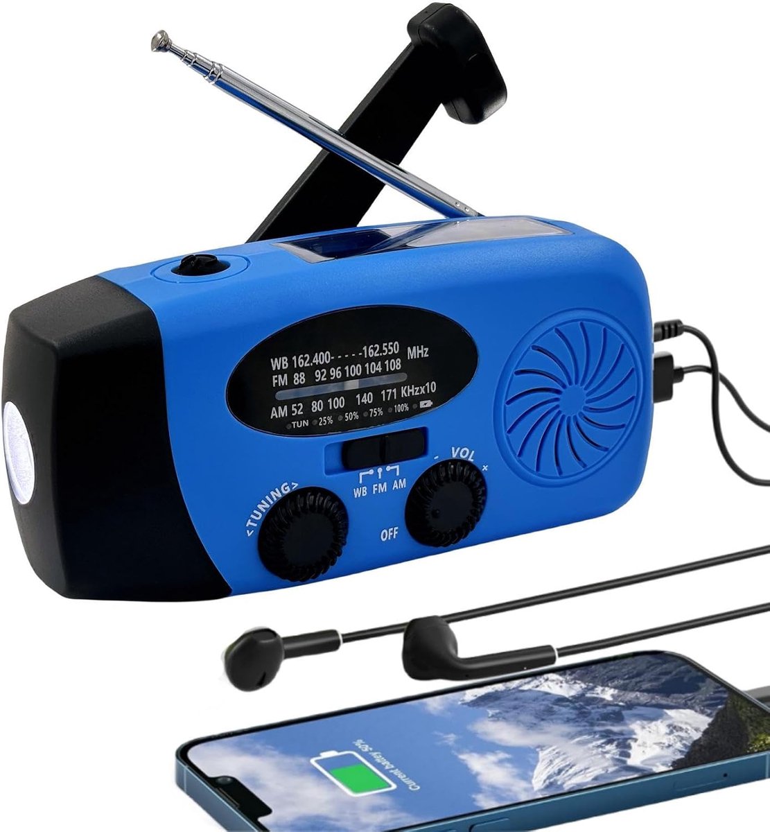 5000mAh Wind Up Solar Radio, Emergency Crank Weer Radio, Solar Radio met zaklamp, NOAA/FM/AM zonne-radio, draagbare survival radio met SOS, USB mobiele telefoon oplader voor kamperen buiten (blauw)