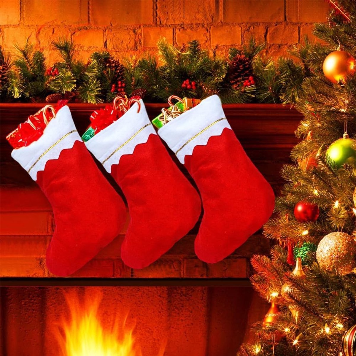 Kousen, kerstsokken om op te hangen, kerstboomsokken, kerstkous voor open haard, kerstboom, open haard, decoratie, kerstdecoratie, Amerikaanse snoepzak, kerstkous (groen)