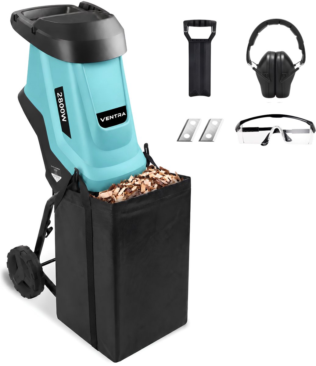VENTRA® Elektrische Hakselaar - Wood Shredder - 2800W – Voor Takken Tot Ø45mm – 45L Opvangzak - 42 x 35 x 94cm