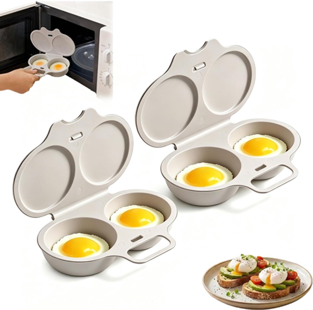 2 stuks Eierkoker magnetron - Eierkoker - Eierkoker 2 eieren - Magnetron-eierkoker - Plastic eierfriteuse - Eierstoomvorm - Met deksel en handvat - Hittebestendig - Snel ei koken bakken - 16x11.5x3cm - Lichtgrijs