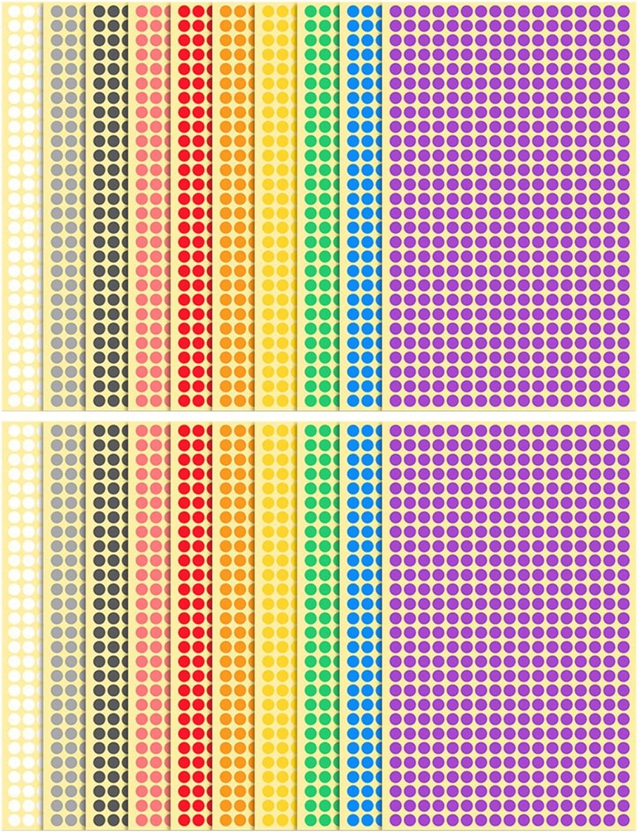 20 vellen puntenetiketten, gekleurde plakstippen, gekleurde plakstippen, mini-stickers, gekleurde plakstippen, kleefpunten