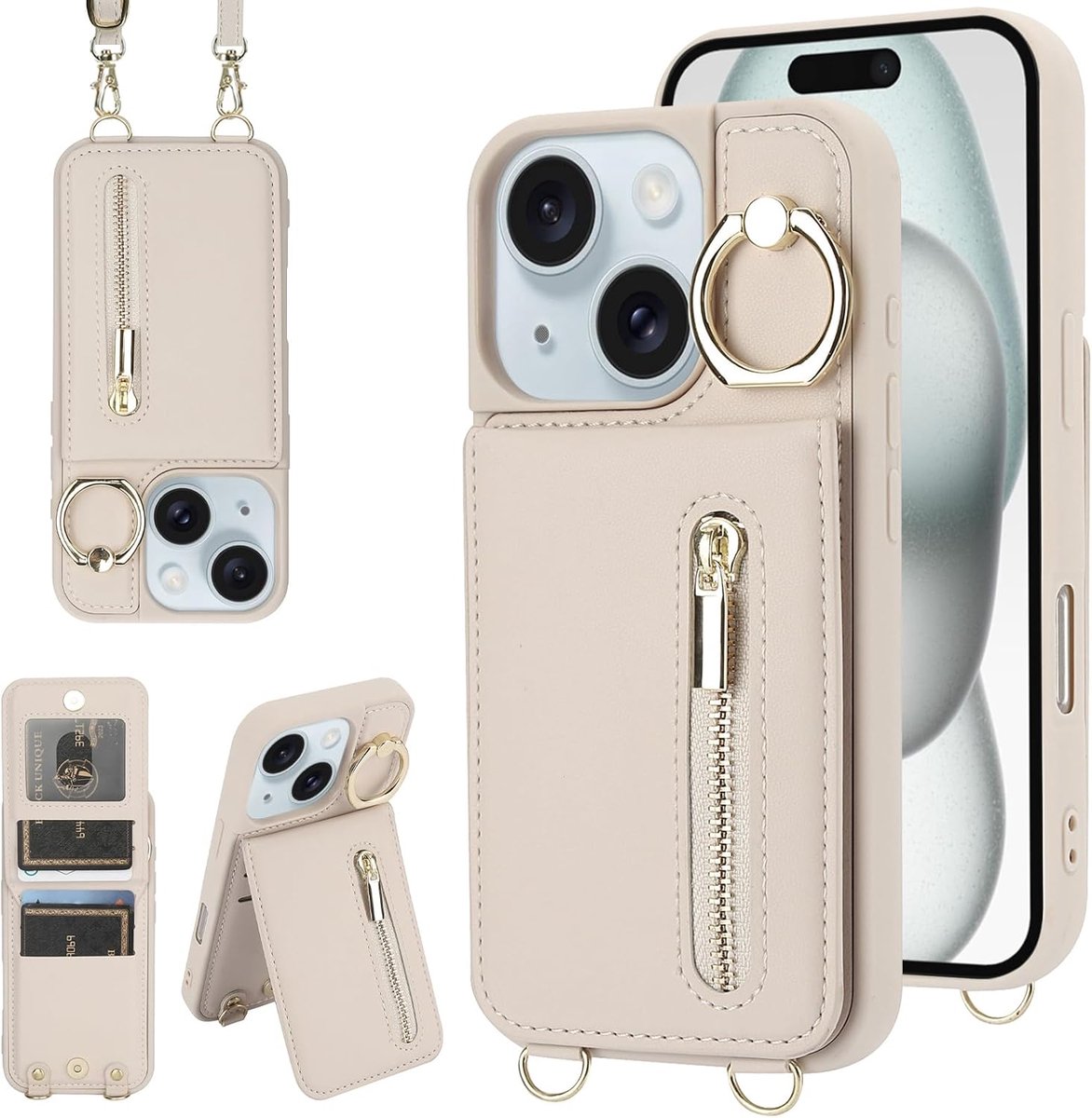 Telefoonhoesje voor iPhone 11, schokbestendig, met verstelbare ketting, RFID-ritssluiting, portemonnee met kaartenvak, standring, beige