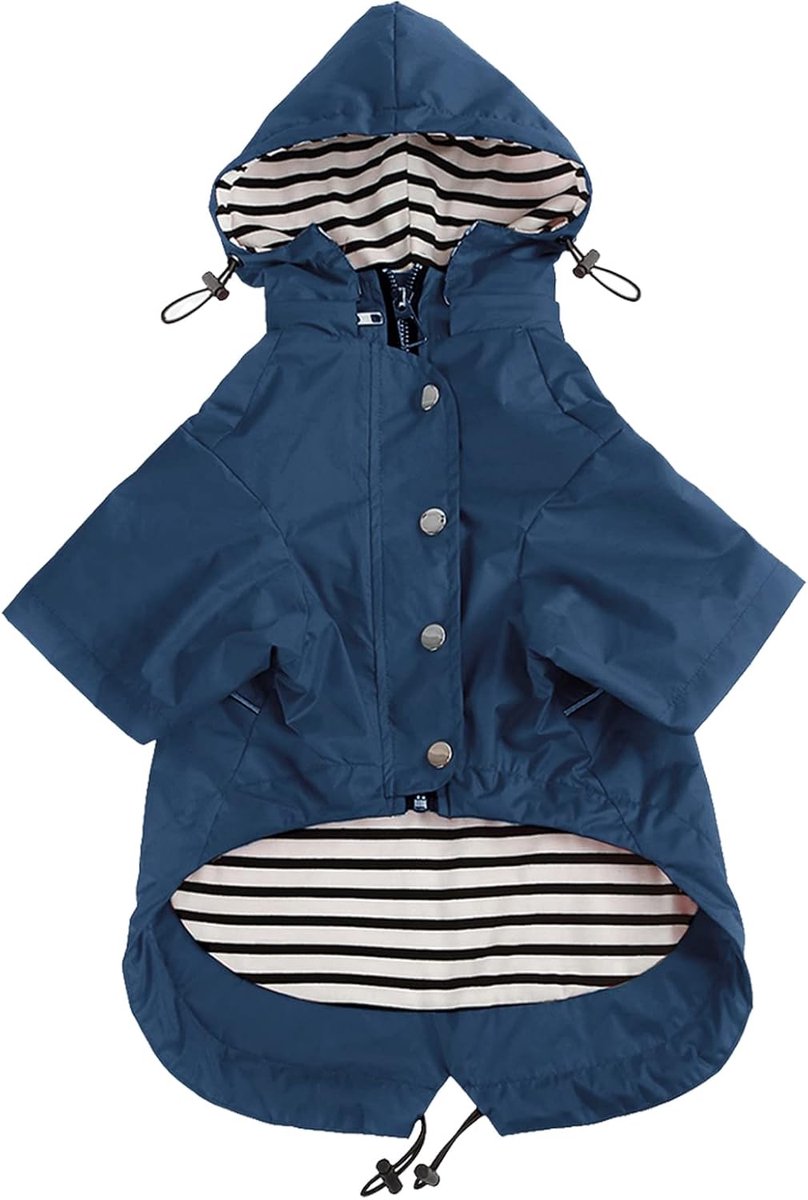 Hondenregenjas met ritssluiting en reflecterende knopen, regen-/waterafstotend, verstelbaar trekkoord, afneembare capuchon, stijlvolle premium hondenregenjassen - maat XS tot XXL verkrijgbaar - Donkerblauw - Medium