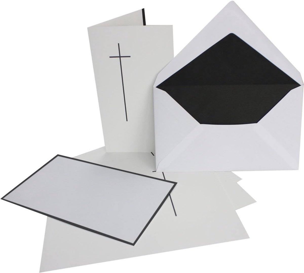 15x rouwkaartenset met kruis ca. B6 11,4 x 19,5 cm & rouwenveloppen met zwarte rand & zwarte voering, vouwkaarten rouwweergaven