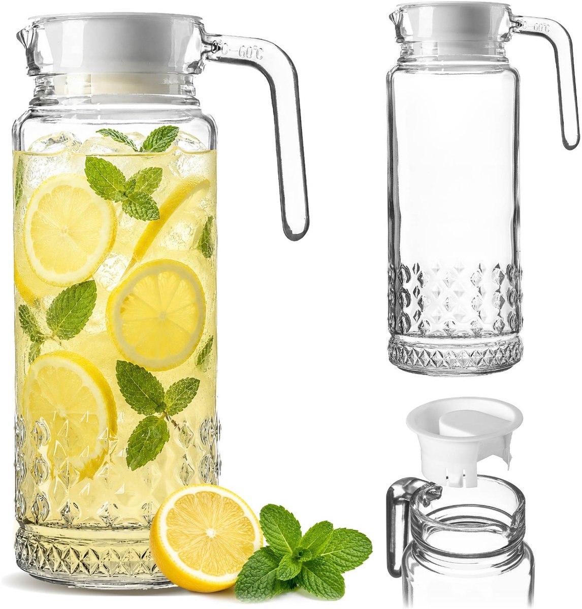 KADAX waterkaraf, 24,5 x 13 x 9 cm, glazen karaf met kunststof deksel, glazen kan van 1 liter met stevig handvat, glazen kan voor water, limonade, sap, ijsthee, ijskoffie en wijn, waterkan