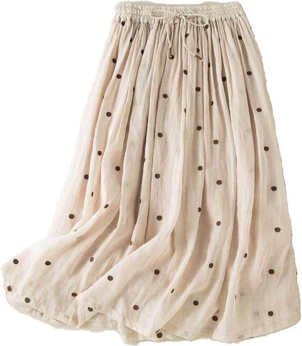 Katoenen Linnen Swingrok - Zomer Polka Dot Print Veelzijdige Slanke Plooirok, Retro Elastische Taille Grote Maat Riem Gevoerde A-Lijn Lange Rok,Apricot,S