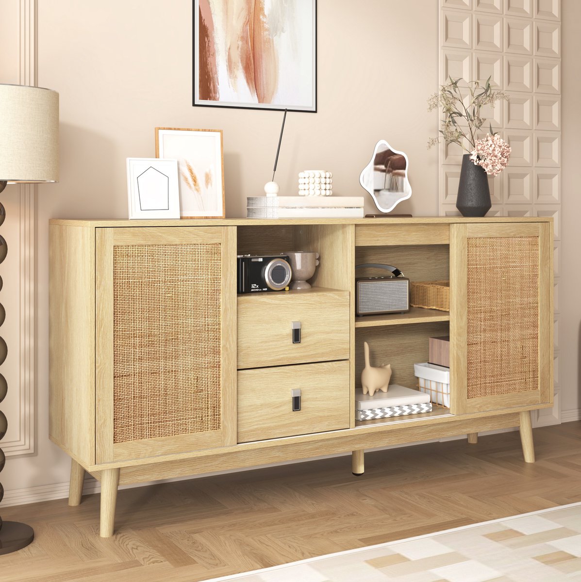 MEUNIQ Dressoir 155 x 38 x 80 cm met 3 rattan schuifdeuren, 2 lades en opbergruimte voor woonkamer, eetkamer, slaapkamer of hal, houtkleur