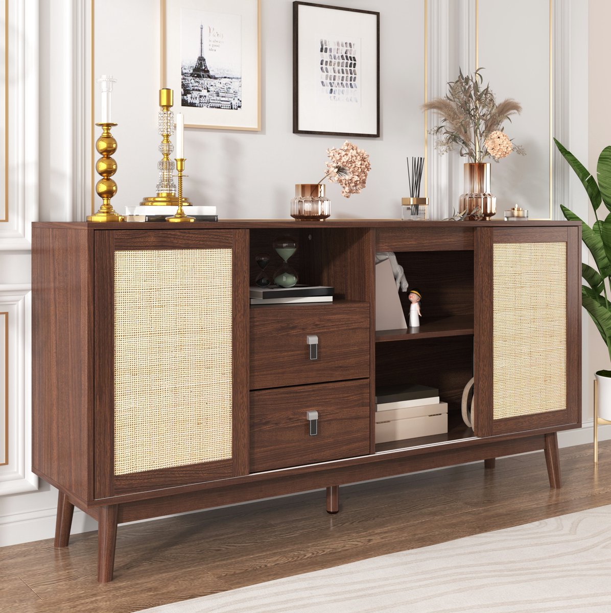MEUNIQ dressoir 155 x 38 x 80 cm met 3 rattan schuifdeuren, 2 lades en 3 vakken – opbergkast voor woonkamer, eetkamer of hal in donkerbruin