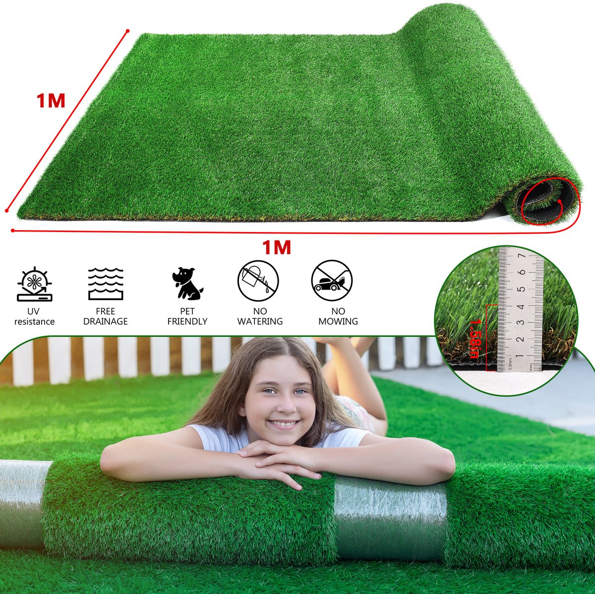 DESMIU Kunstgrasmat – Waterdoorlatend – 100 x 100 cm – Polyethyleen en Polypropyleen – Groen – Voor Balkon, Tuin en Terras – 2 cm Poolhoogte