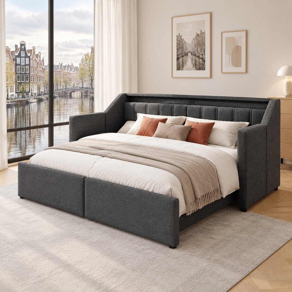 WUVRIE Slaapbank 90 x 200 cm met 2 lades, USB, Type-C en LED-verlichting, uitschuifbaar tot 180 x 200 cm, grijs