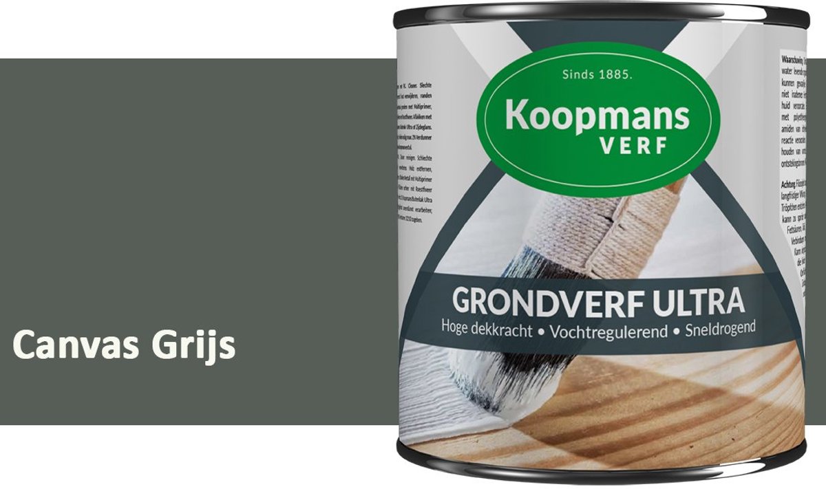 Koopmans Grondverf Ultra – Grondverf Hout & Metaal Binnen en Buiten – Vochtregulerende Primer – Hoge Dekking – Zijdeglans – Canvas Grijs – 1,5 l