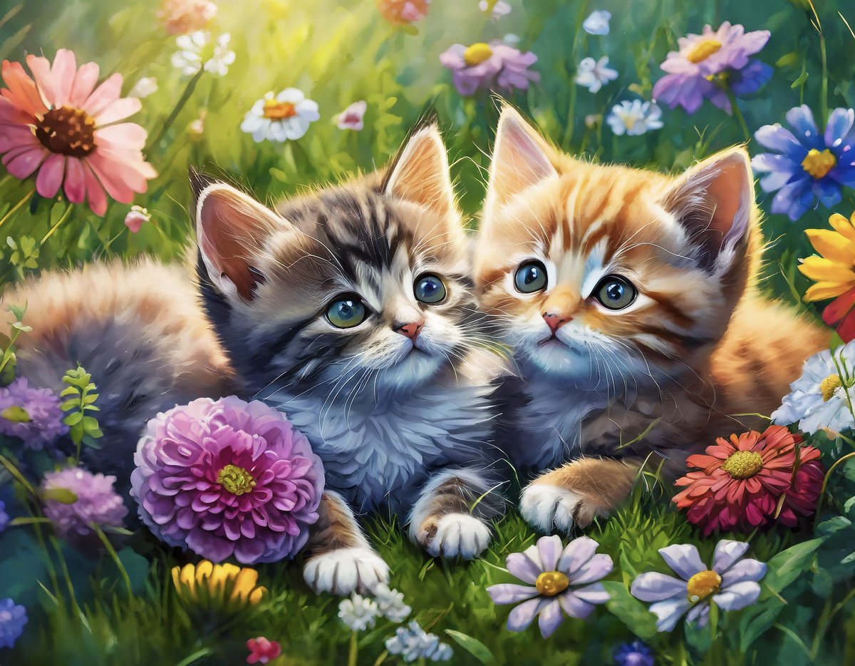 Diamond painting- Kittens in de Weiden - 40X50CM- Diamond painting pakket HQ - VOLLEDIG dekkend - Diamant Schilderen - voor Volwassenen – ROND- TOPMO