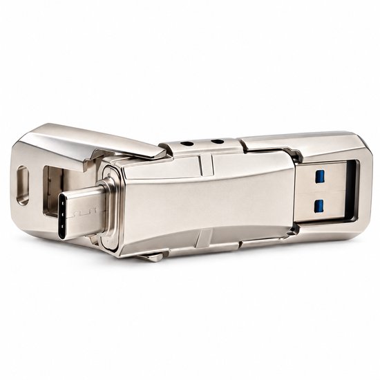 Zilverkleurige MillionShine 2-in-1 USB-stick met USB-C en USB-A aansluitingen. Tekst "USB 3.2" en "10x sneller".