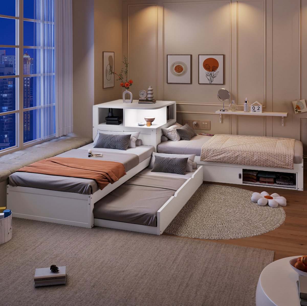 Bedframe Uitschuifbed - 90 x 200 cm - MDF en Hout - Wit - L-vormig met Schuifdeuren, Opbergruimte en Nachtlicht