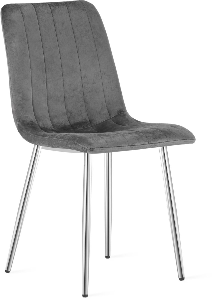 LEOBERT Eetkamerstoel LAVA - Donkergrijs fluweel - Chromen metalen poten - Modern design Grijs/Zilver