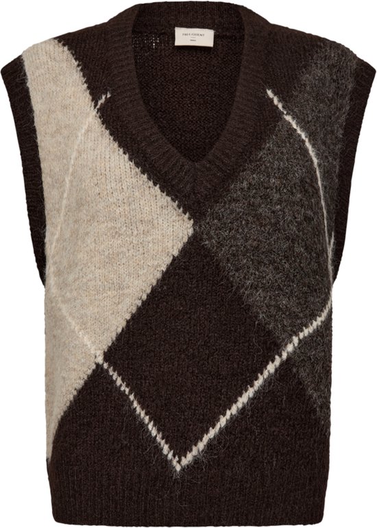 Bruin gebreid vest met ruitpatroon in beige en donkerbruin, V-hals.