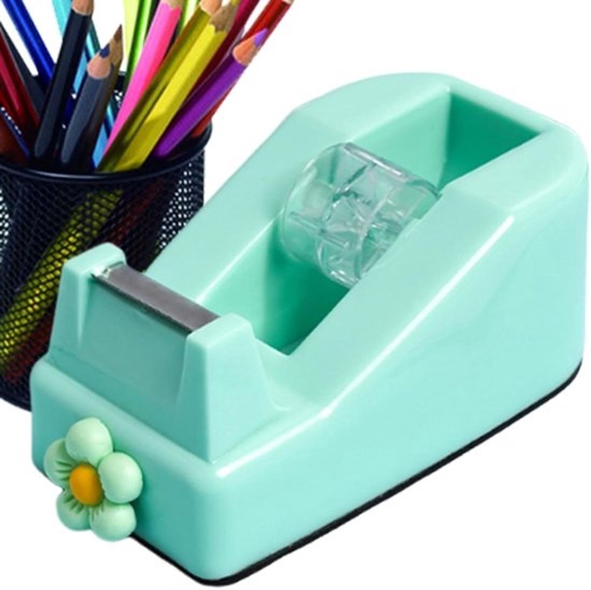 Tapedispenser Bureau - Plakbandhouder Rol - Verpakken Knutselen - Bloemenpatroon Decoratief - 10.6 x 5.8 x 4.2 cm - Wit