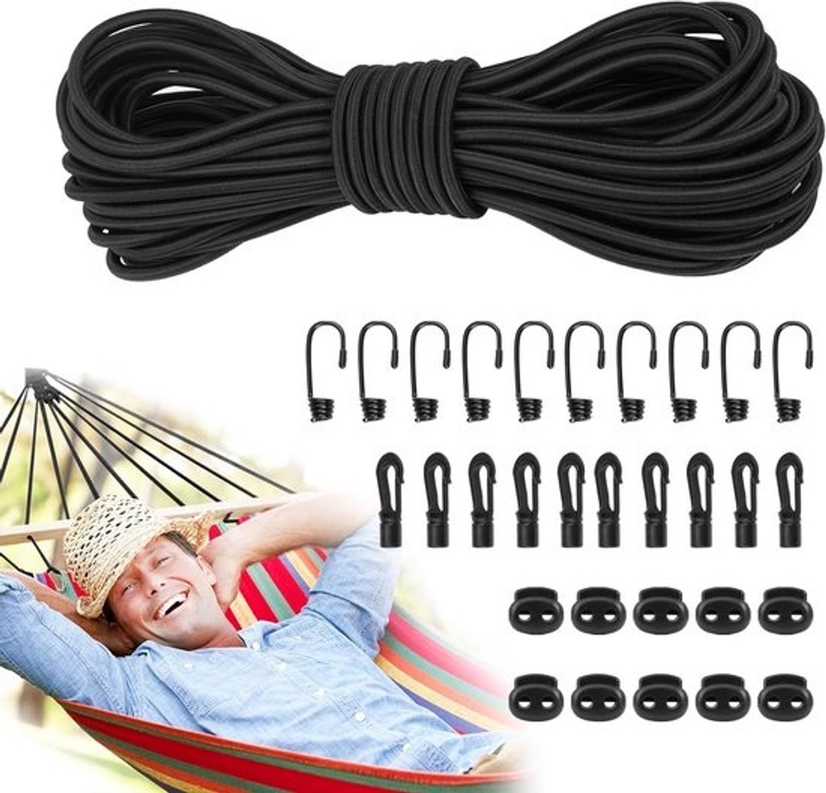 Duurzame 5mm Expander Touw van 15m - Waterdicht en Slijtvast Elastisch Koord met 10 Haakjes voor Camping, Trailer en Kayak Transport