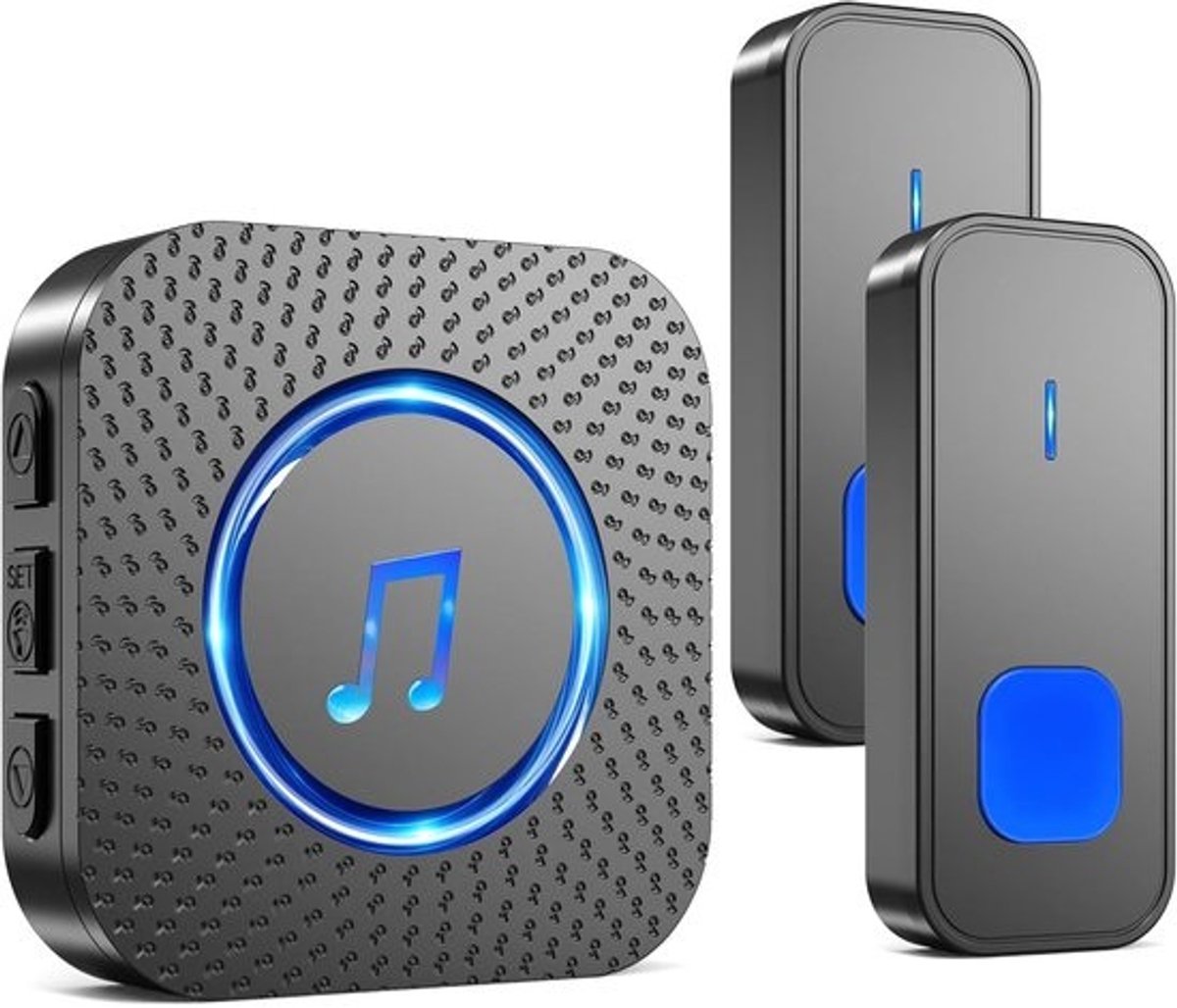 Draadloze Deurbel met 400M Bereik en Waterdichte Constructie, 2 Zenders, 55 Melodieën, LED-Display, Plug-in en Batterij Voor Buiten