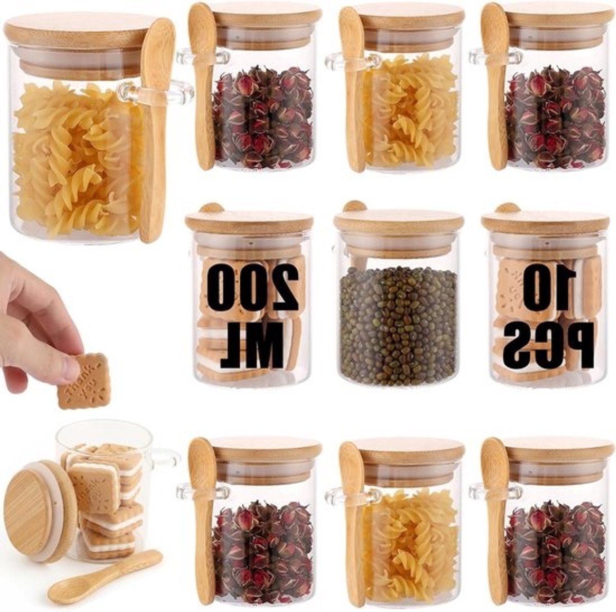 Set van 10 Opslagpotten met Deksel en Lepel, 200 ml - Luchtdichte Glazen Potten voor Ontbijt, Specerijen en Snacks
