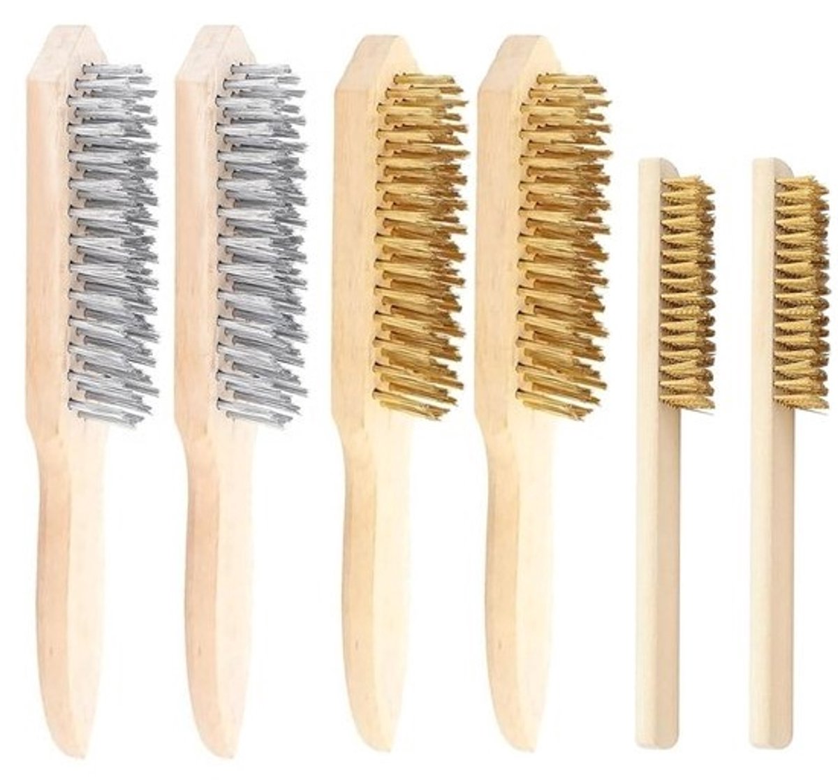 Set van 6 messing draadborstels met houten handvat voor het verwijderen van verf, roest en vuil - 4 grote (27CM) en 2 kleine (20CM) borstels in 3 maten