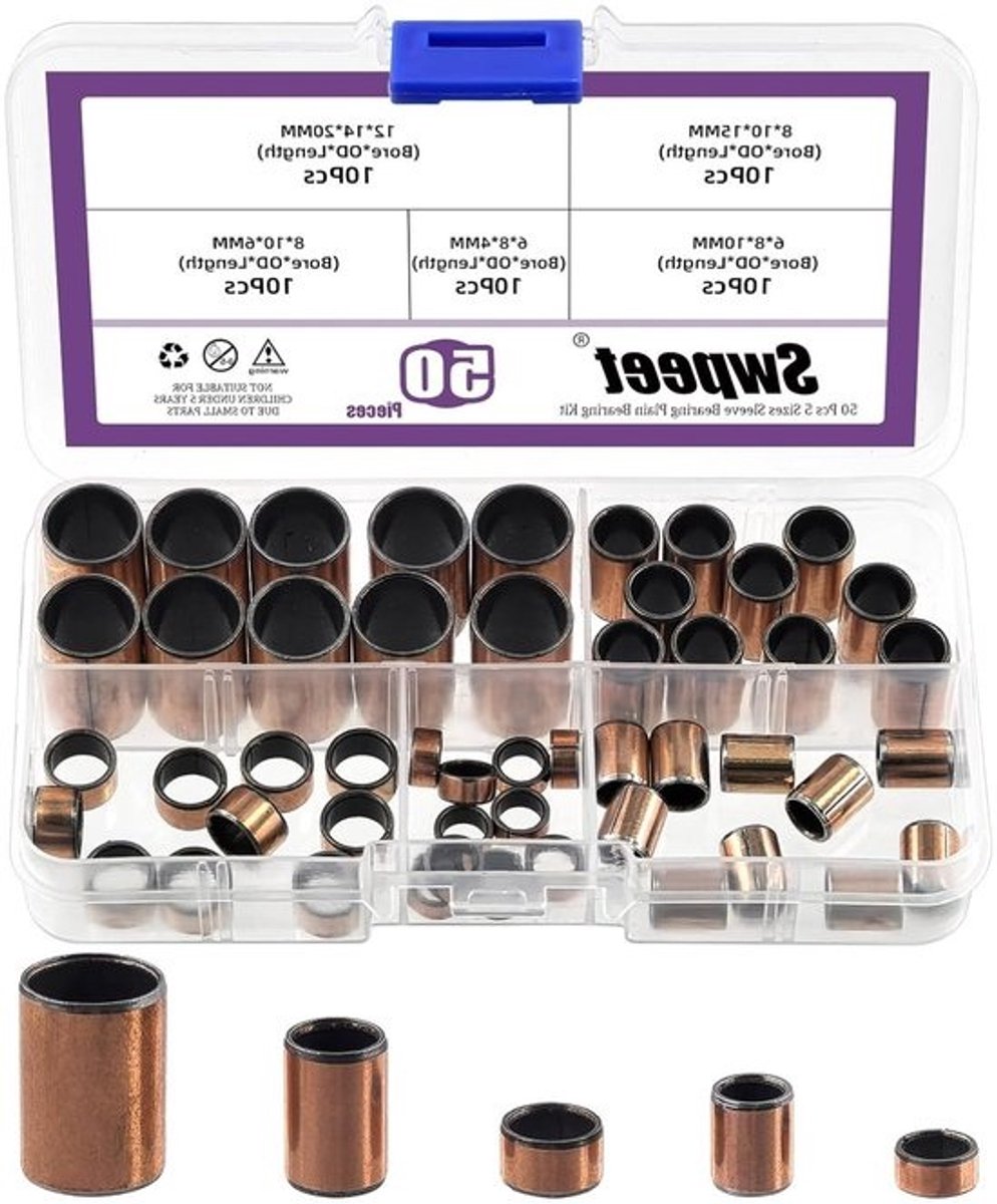 50-delige set glijlagers - assortiment - 5 maten olievrije bronzen sinterlagers - voor diverse toepassingen