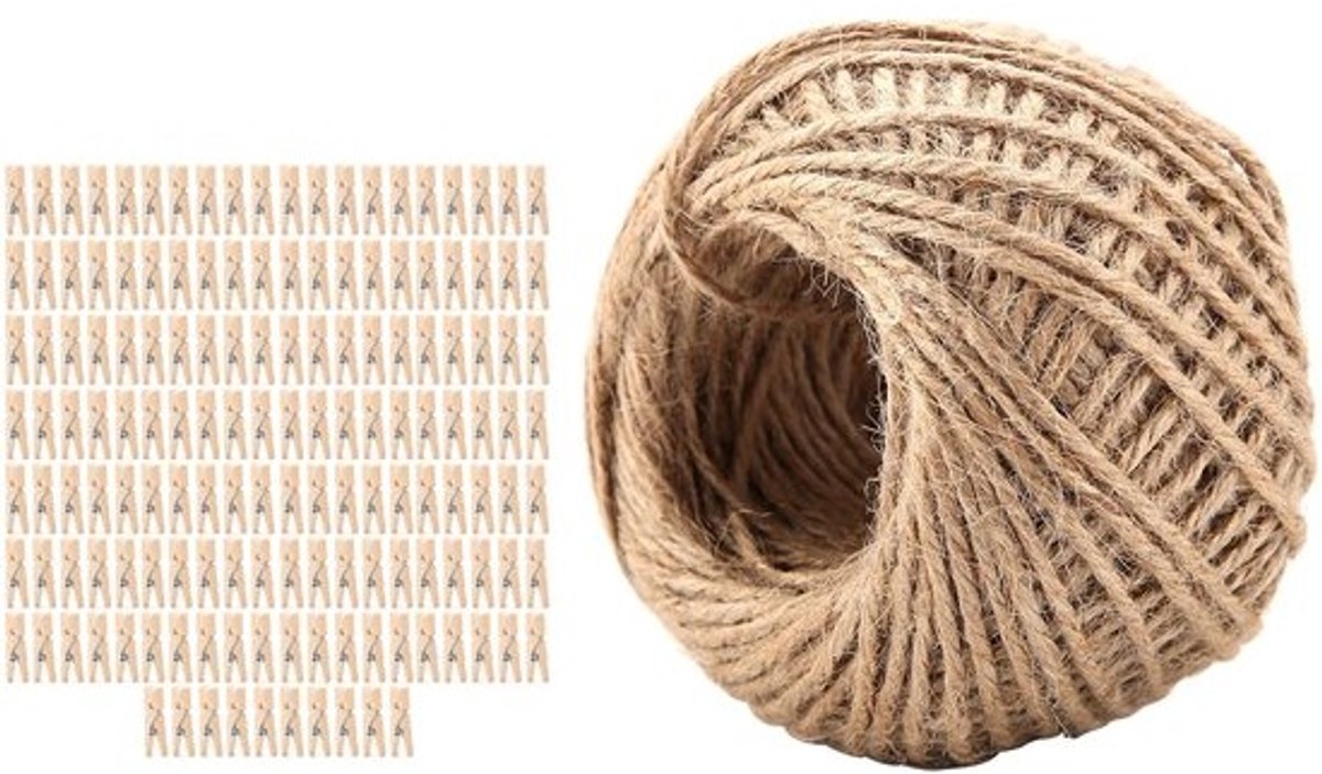Dailygoods- Wasknijpers Hout 250 Stuks - Mini Wasknijpers - Jute Touw - Duurzaam - Milieuvriendelijk - Stevige Grip - Knijpers