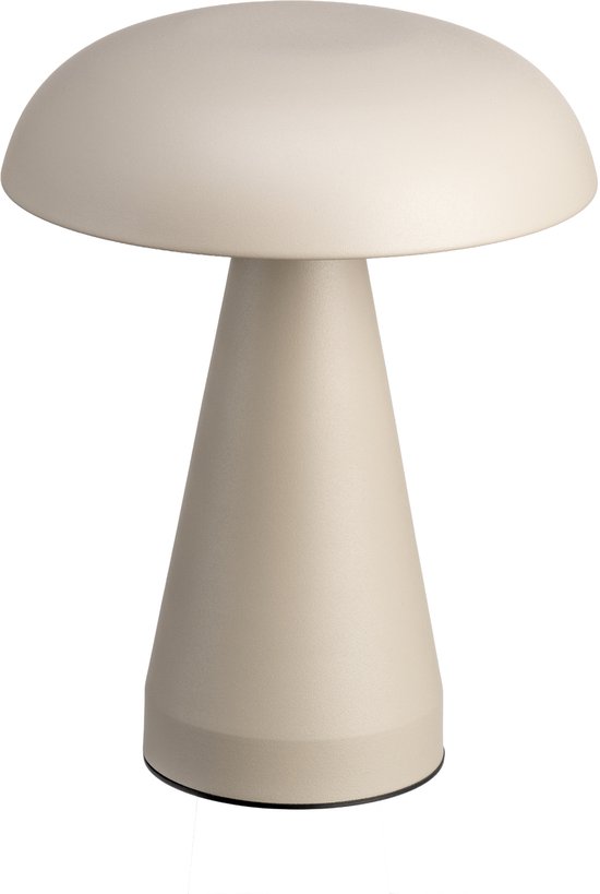 Draadloze, taupekleurige LED-tafellamp in paddenstoelvorm met een gladde, minimalistische voet.
