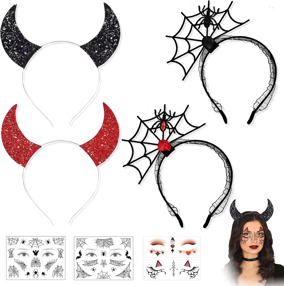 Halloween Haarbanden Set met Spinnen, Duivels Hoorns en Gezichtstatoeages voor Cosplay en Feestaccessoires