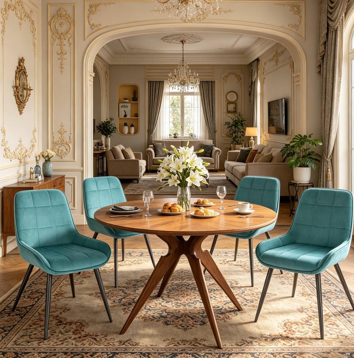 MODENUIT Eetkamerstoel 81,5 cm - Set Van 4 Met Armleuningen - Voor Eetkamer En Kantoor - Fluweel Turquoise