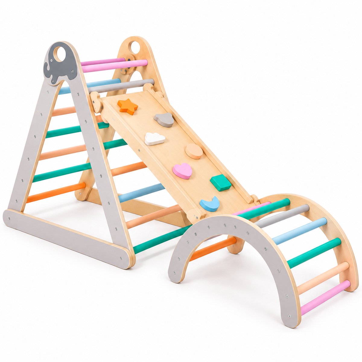 MIRO® Montessori Klimrek 3-delig - Houten Klimrek Baby & Peuter - Klimdriehoek met Glijplank & Klimboog - Houten Speelgoed - Pastelkleuren