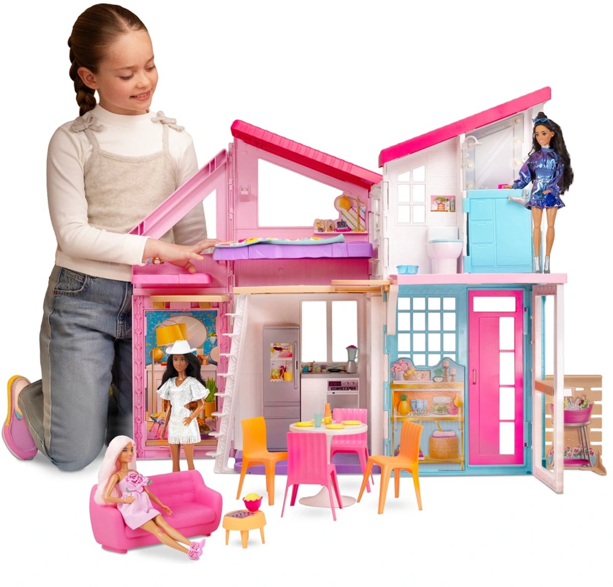 Barbie Malibu Huis - Poppenhuis met Meubels en 25+ Accessoires - 70 cm Hoog - Malibu Villa - Speelhuis - Barbiehuis Droomhuis - Zonder Barbie Poppen - Barbiepop