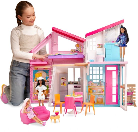 Barbie Malibu Huis - Poppenhuis met Meubels en 25+ Accessoires - 70 cm Hoog - Malibu Villa - Speelhuis - Barbiehuis Droomhuis - Zonder Barbie Poppen - Barbiepop