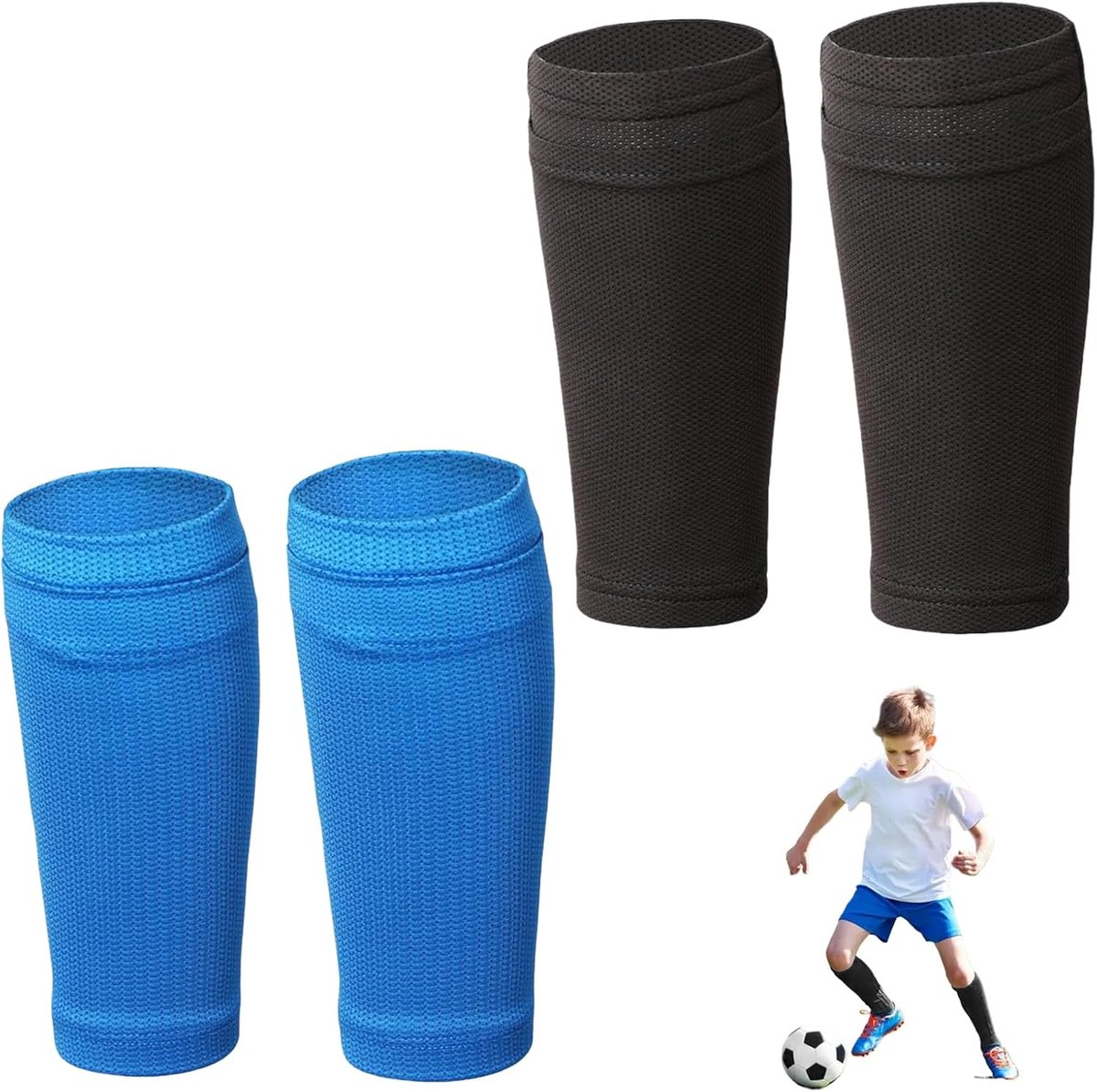 Scheenbeschermers, 2 paar scheenbeschermers, S-maat, voetbalsteunen, elastische sokken, Shin Pad Sleeves, scheenbeschermerhouders voor jongeren en kinderen (zwart, blauw)