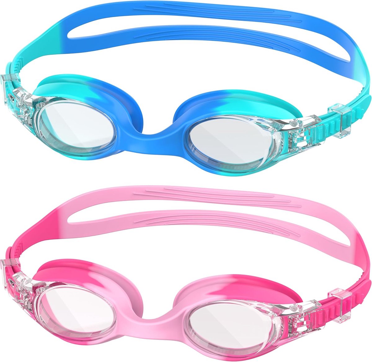2 stuks kinderzwembril, anti-condens met helder zicht, uv-bescherming, siliconen afdichting, klein frame, uniseks zwembril voor kinderen van 6 tot 14 jaar, gradient blauw + roze