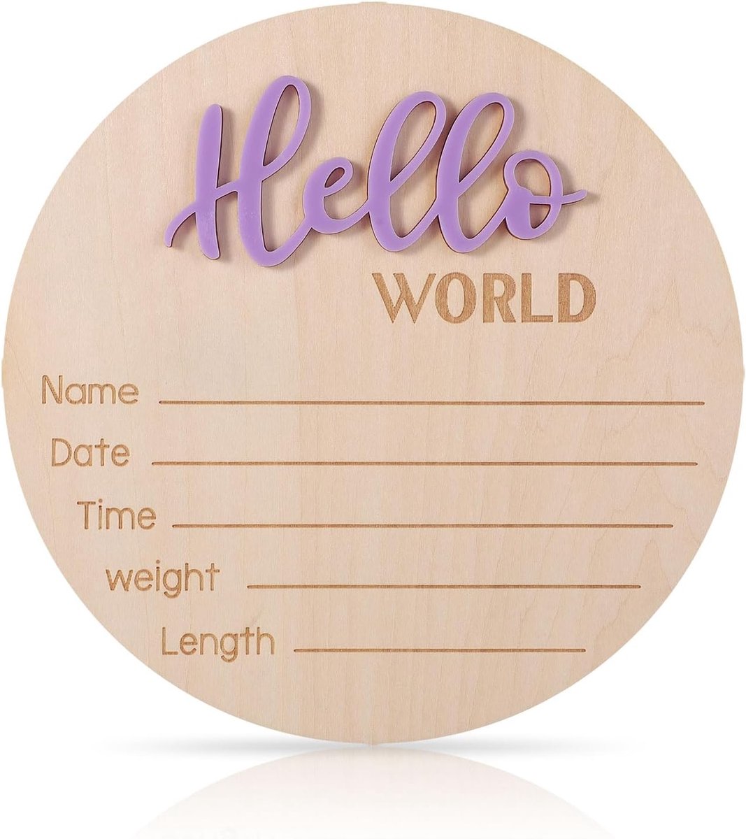 Aankondigingsbord voor Pasgeborenen, 15cm Houten Hello World Geboorte-Babynaamplaten voor Pasgeboren Jongens en Meisjes Fotorekwisieten Babyshower Ziekenhuiskwekerij (Lichtpaars)